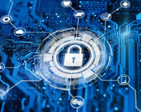 Cybersecurity and secure nerwork concept. Data protection, gdrp. Glowing futuristic backround with lock on digital integrated circuit.