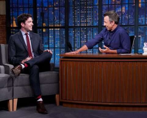 Comedian John Mulaney during an interview with host Seth Meyers on Sept. 7, (Lloyd Bishop:NBC)