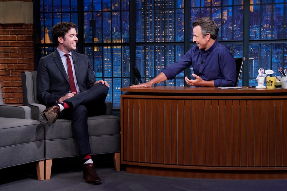 Comedian John Mulaney during an interview with host Seth Meyers on Sept. 7, (Lloyd Bishop:NBC)