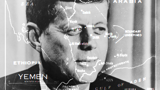 A map of Yemen overlayed on a portrait of President John F. Kennedy