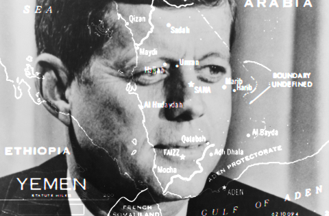 A map of Yemen overlayed on a portrait of President John F. Kennedy