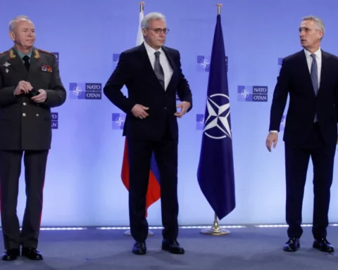 Aleksandr Fomin (left), Russian Deputy Foreign Minister Aleksandr Grushko (center), and NATO Secretary-General Jens Stoltenberg