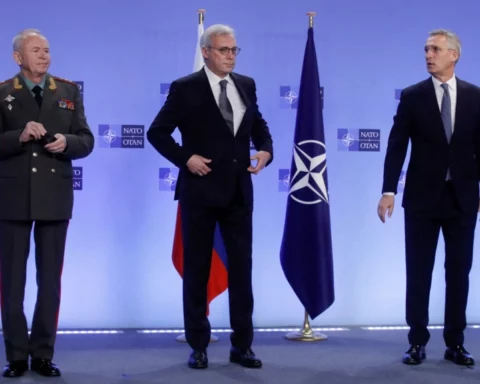 Aleksandr Fomin (left to right), Deputy Foreign Minister Aleksandr Grushko and NATO Secretary-General Jens Stoltenberg