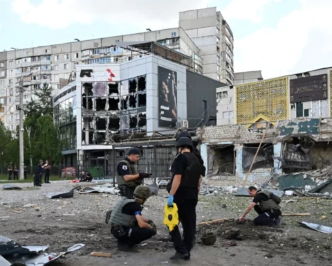 Police experts examine a crater