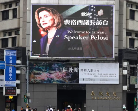 A billboard in Taipei welcomes U.S. House Speaker Nancy Pelosi
