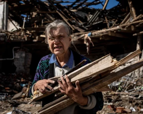 A woman collects wood