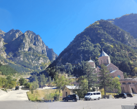 A group who said they were from Belarus look out over Stepantsminda