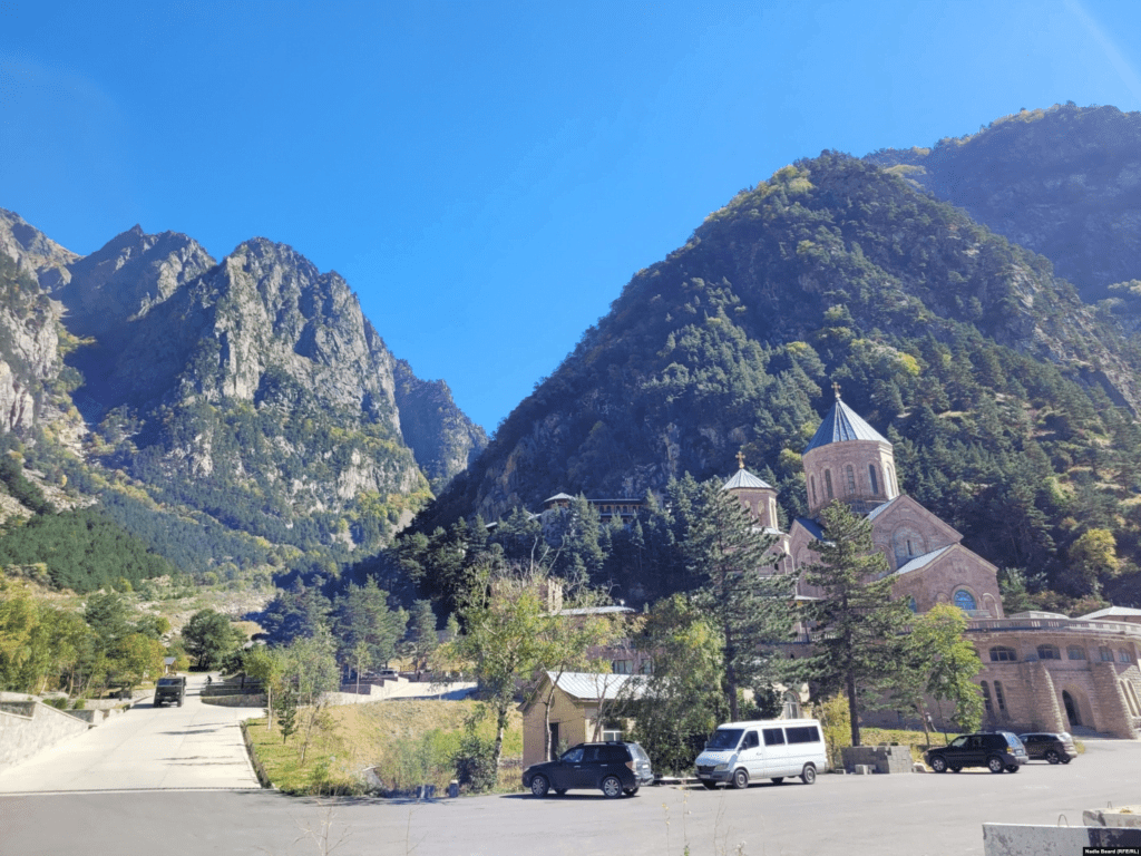 A group who said they were from Belarus look out over Stepantsminda