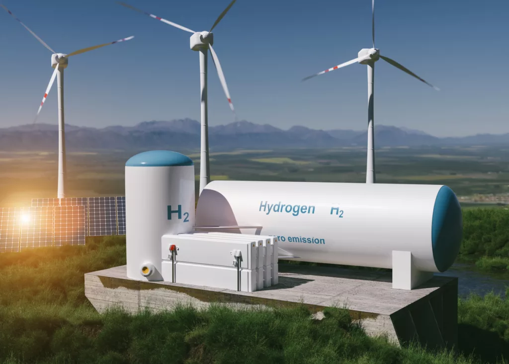 Hydrogen renewable energy production - hydrogen gas for clean electricity solar and windturbine facility.