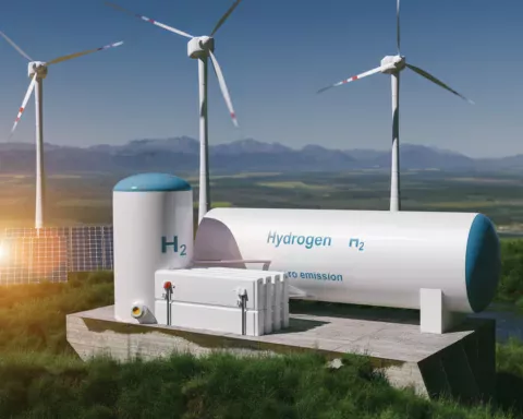 Hydrogen renewable energy production - hydrogen gas for clean electricity solar and windturbine facility.